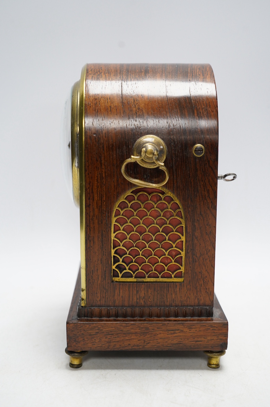 A rosewood brass inlaid eight day mantel clock with enamel dial inscribed Gantheny, Cheapside, with pendulum, no key, 22cm high. Condition - fair to good, not tested as working